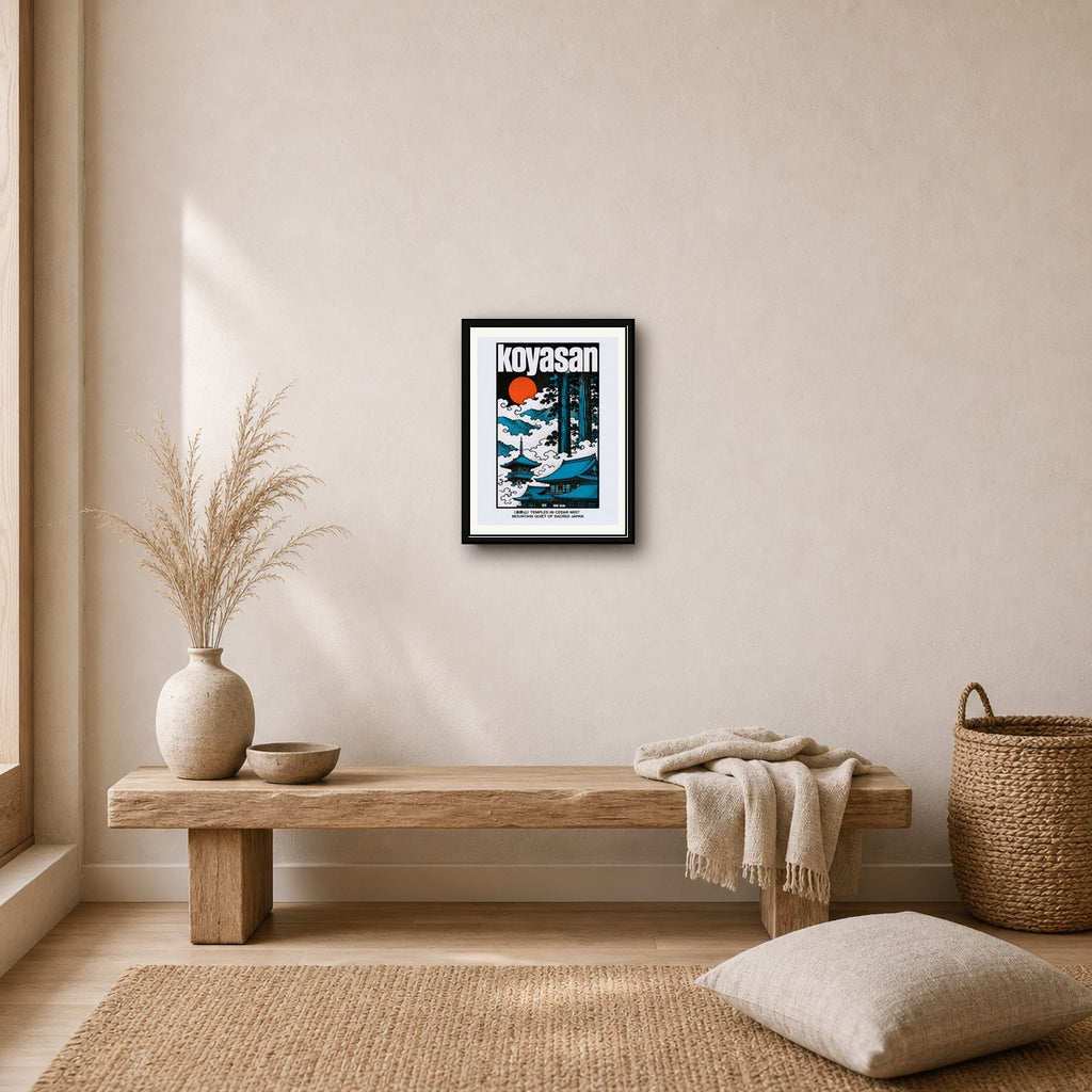 Koyasan Temples Poster, Vintage Japan Travel Wall Art, Serene Blue & Orange Japanese Print - corrected 3x4 room mockup