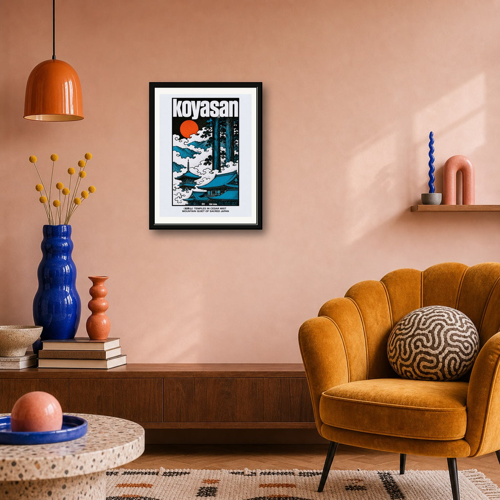 Koyasan Temples Poster, Vintage Japan Travel Wall Art, Serene Blue & Orange Japanese Print - corrected 3x4 room mockup