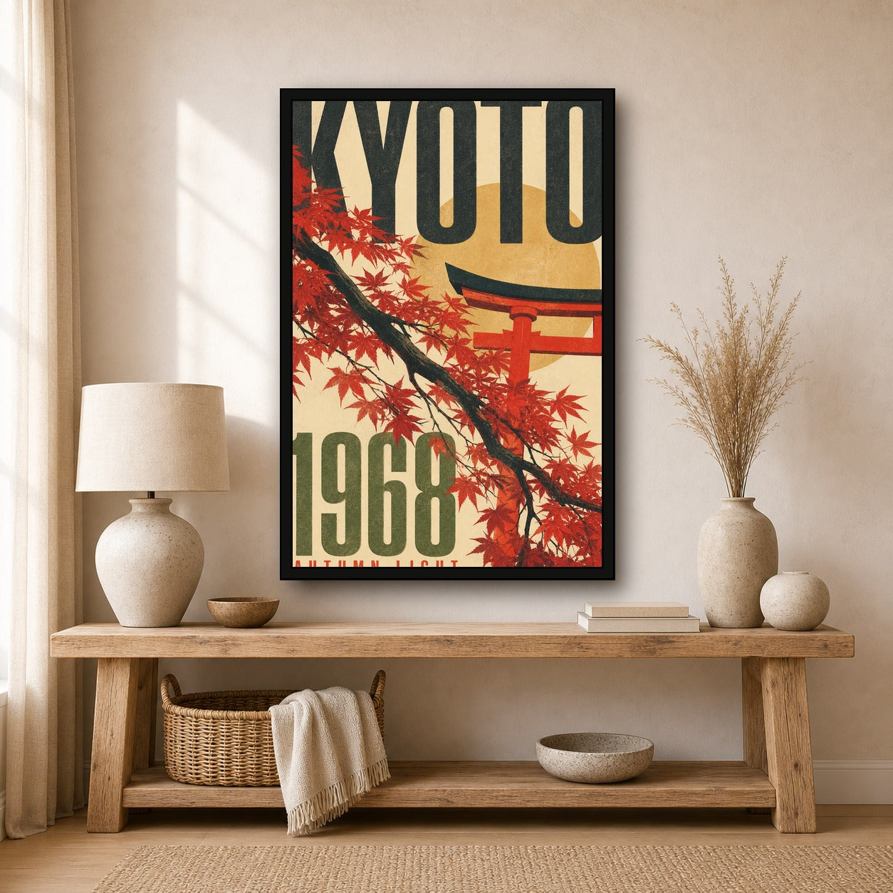 Kyoto Autumn Light Poster, Retro Japanese Travel Wall Art Print - 2x3 room mockup