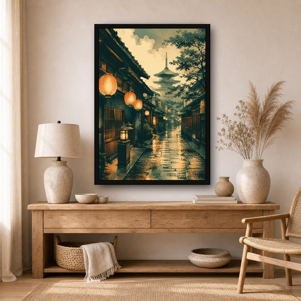 Kyoto Lantern Rain Japanese Retro Poster Print - A room mockup