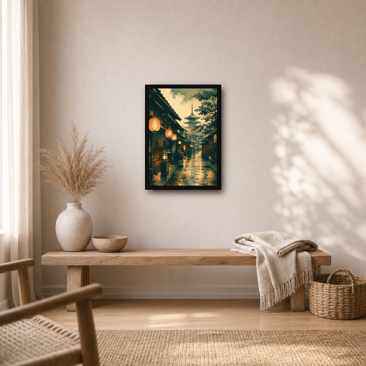 Kyoto Lantern Rain Japanese Retro Poster Print - A room mockup