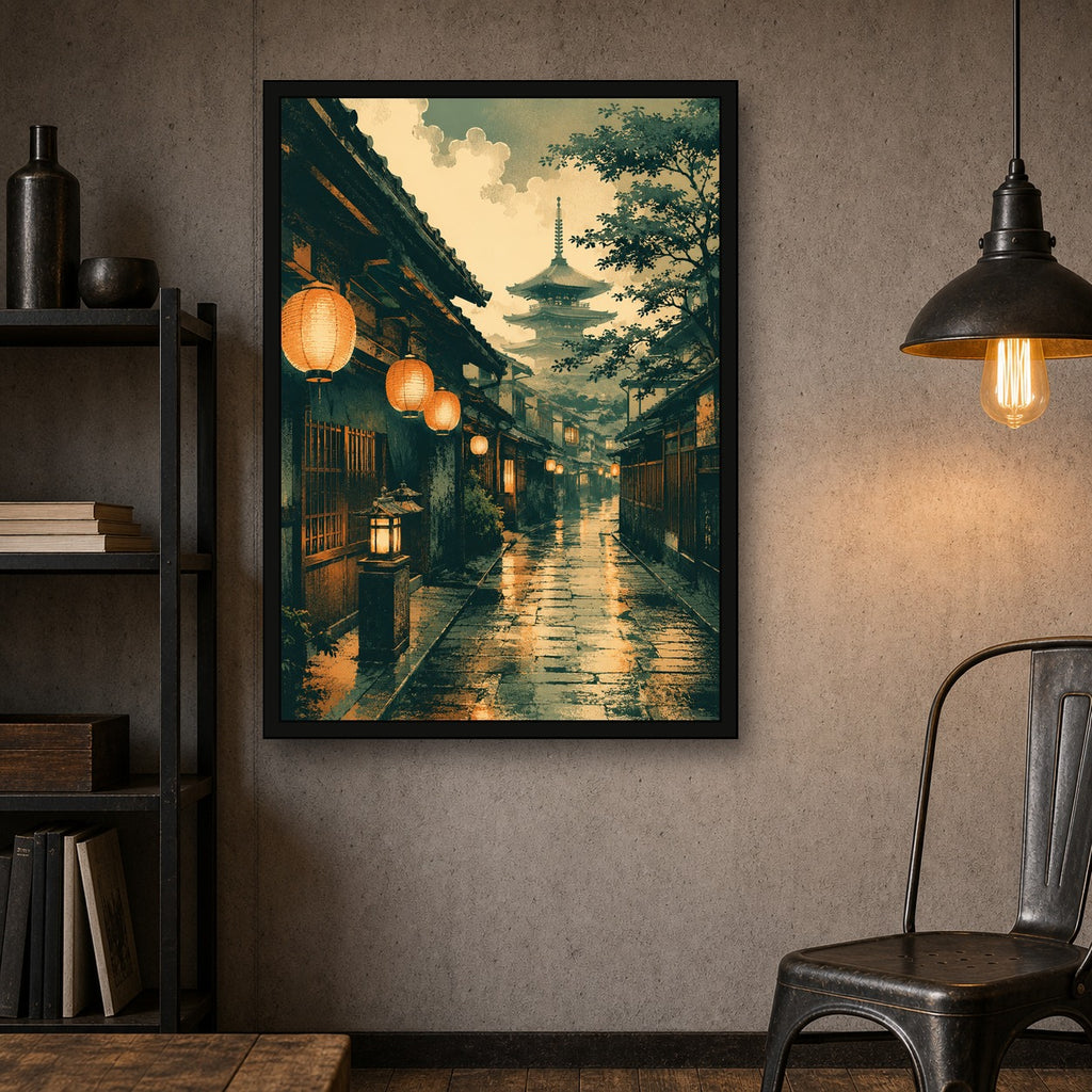 Kyoto Lantern Rain Japanese Retro Poster Print - A room mockup