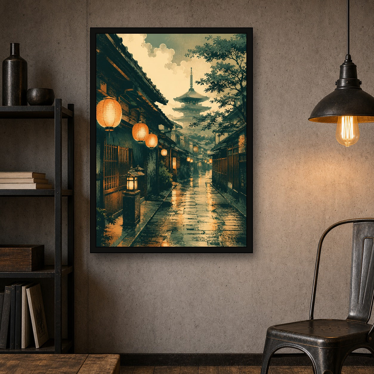Kyoto Lantern Rain Japanese Retro Poster Print - A room mockup