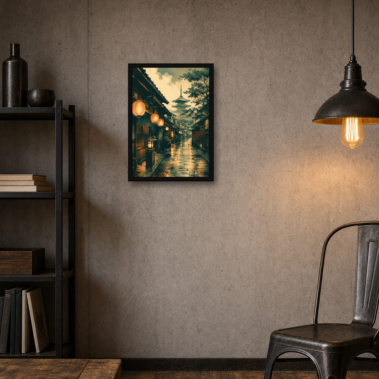 Kyoto Lantern Rain Japanese Retro Poster Print - A room mockup
