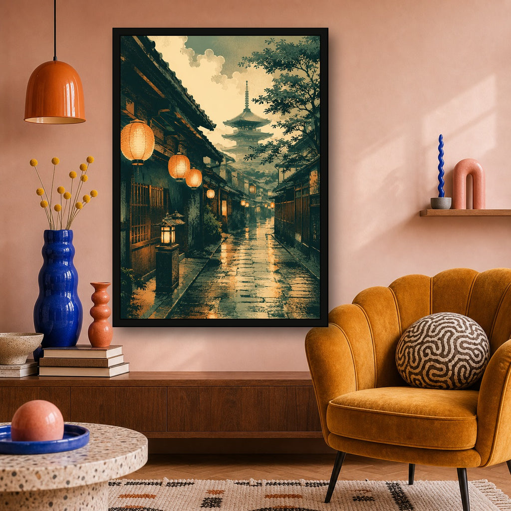 Kyoto Lantern Rain Japanese Retro Poster Print - A room mockup