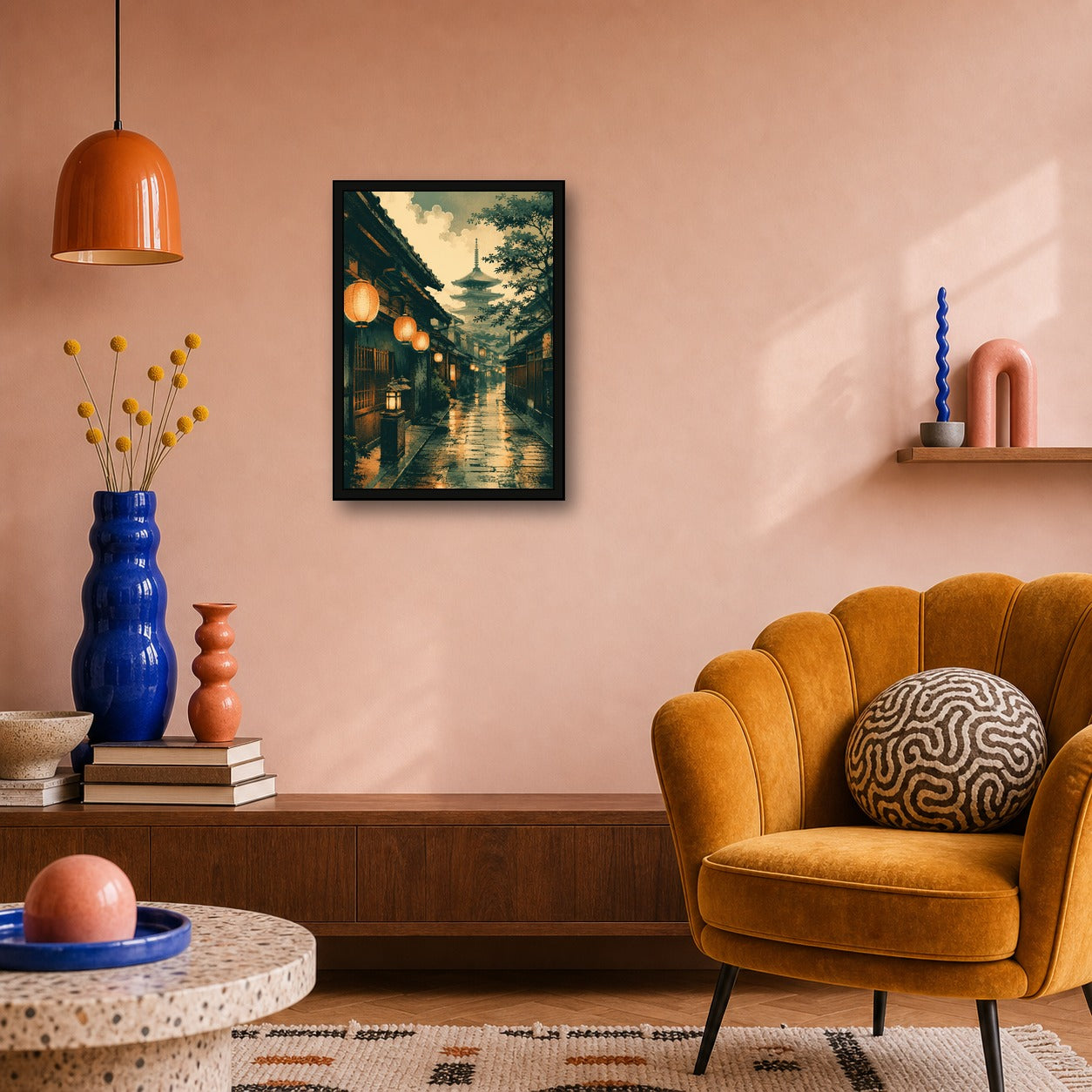 Kyoto Lantern Rain Japanese Retro Poster Print - A room mockup