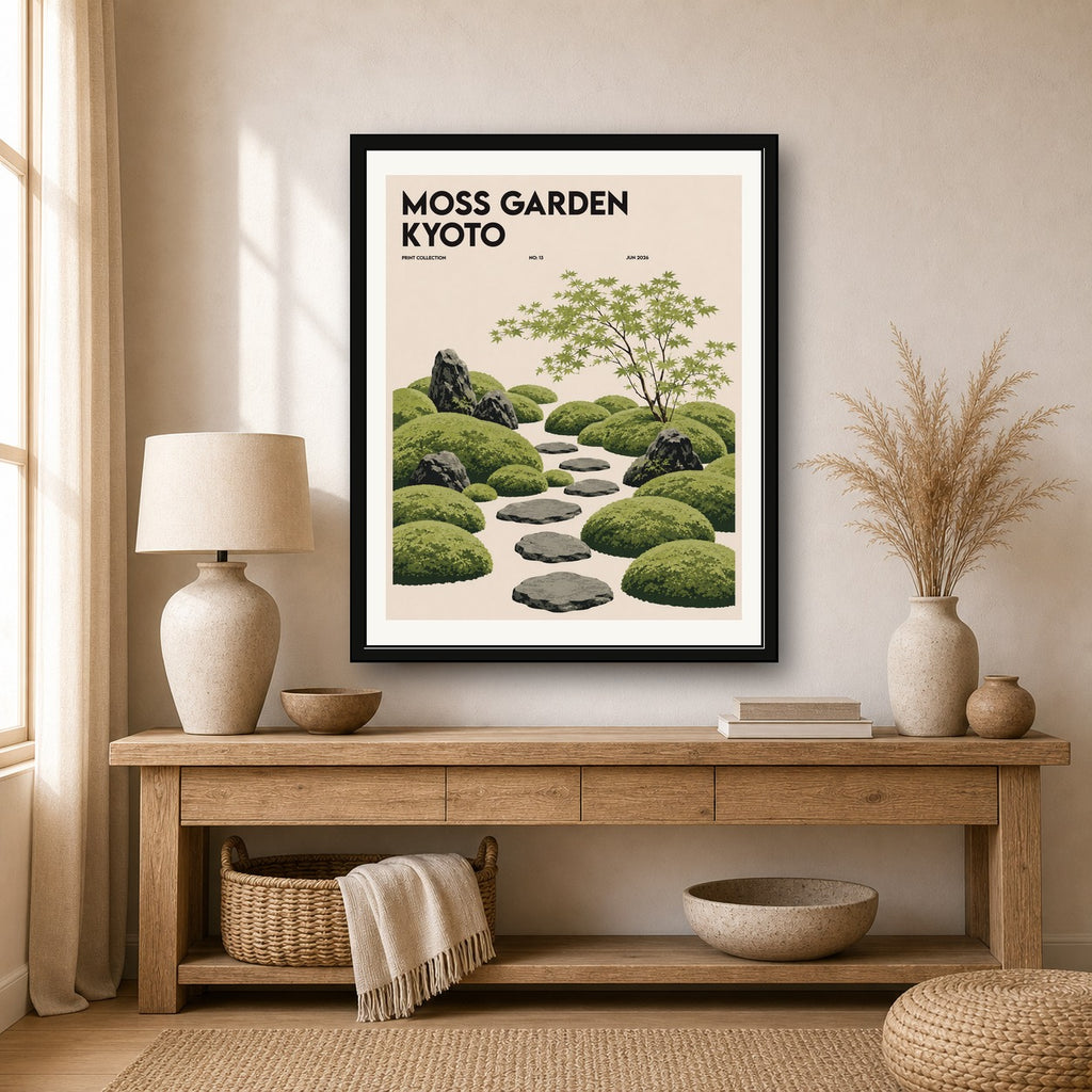 Kyoto Moss Garden Poster, Japanese Zen Wall Art, Serene Travel Print for Tranquil Decor - corrected 4x5 room mockup