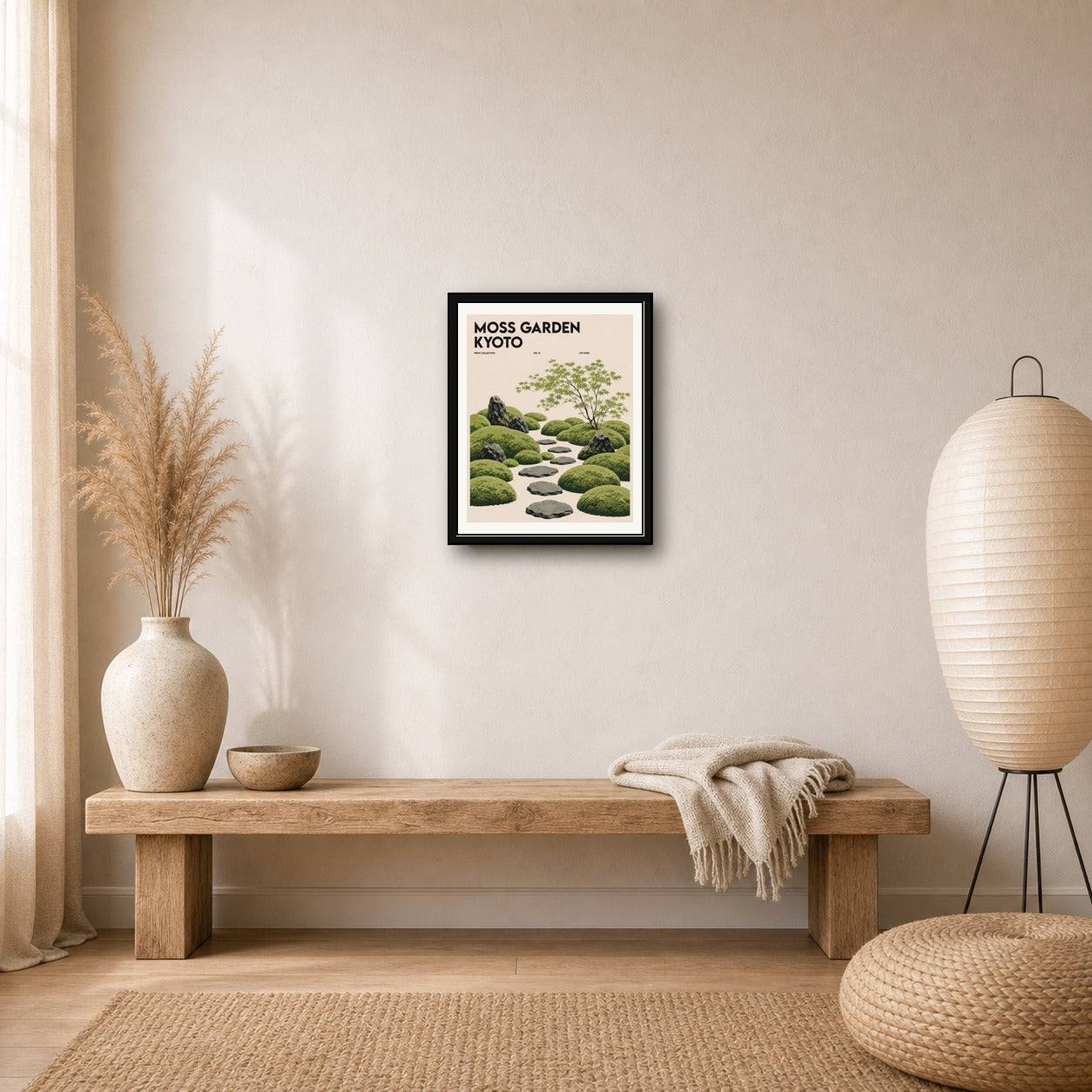 Kyoto Moss Garden Poster, Japanese Zen Wall Art, Serene Travel Print for Tranquil Decor - corrected 4x5 room mockup