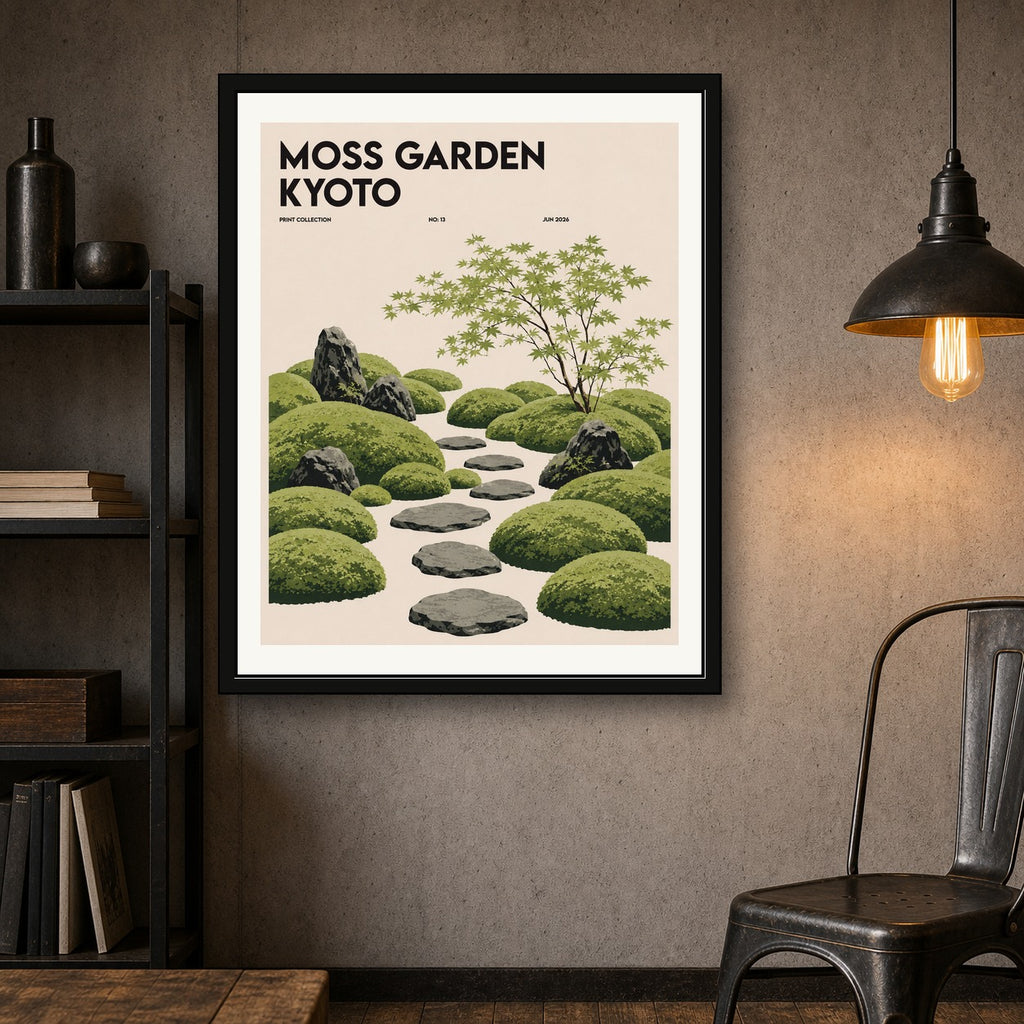 Kyoto Moss Garden Poster, Japanese Zen Wall Art, Serene Travel Print for Tranquil Decor - corrected 4x5 room mockup