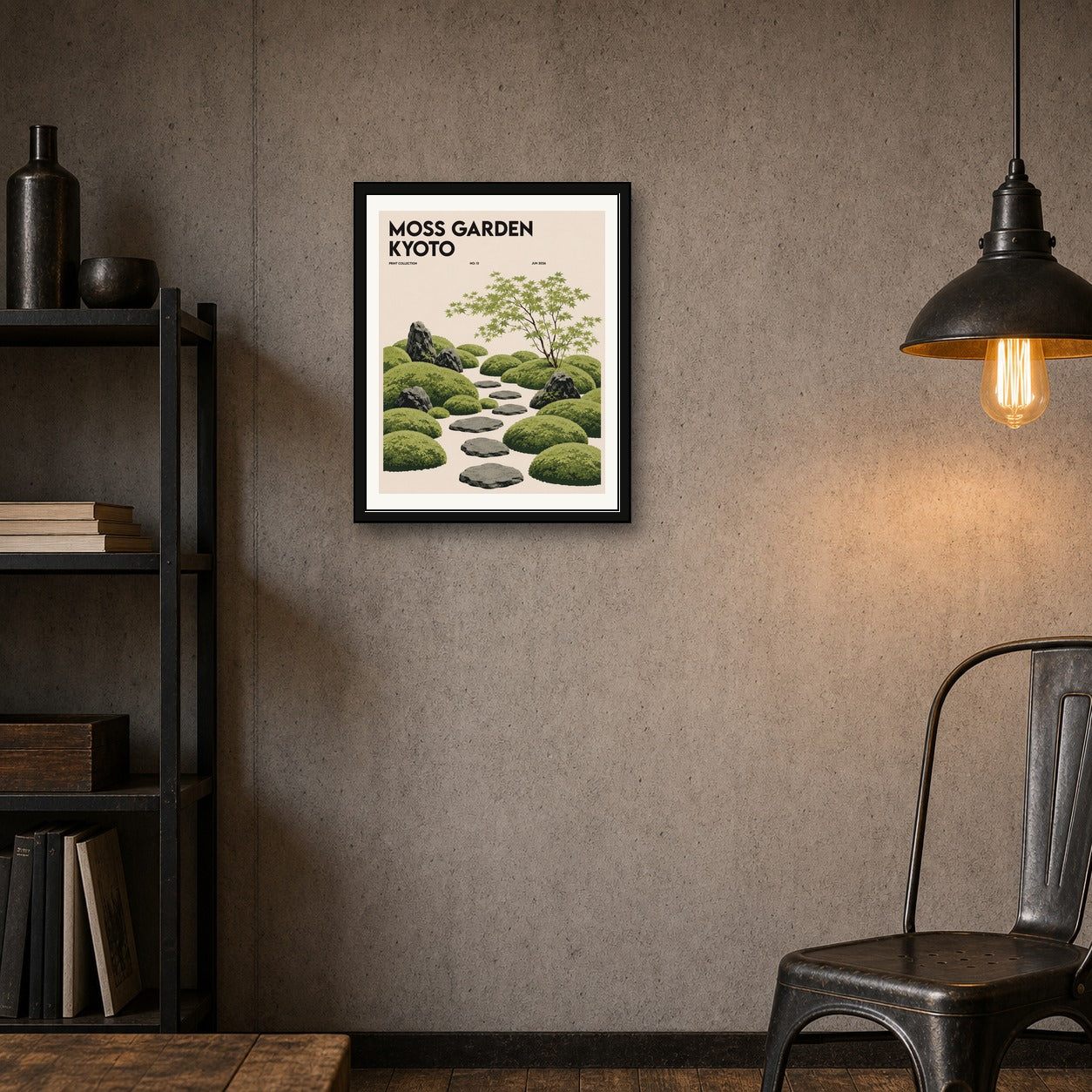 Kyoto Moss Garden Poster, Japanese Zen Wall Art, Serene Travel Print for Tranquil Decor - corrected 4x5 room mockup