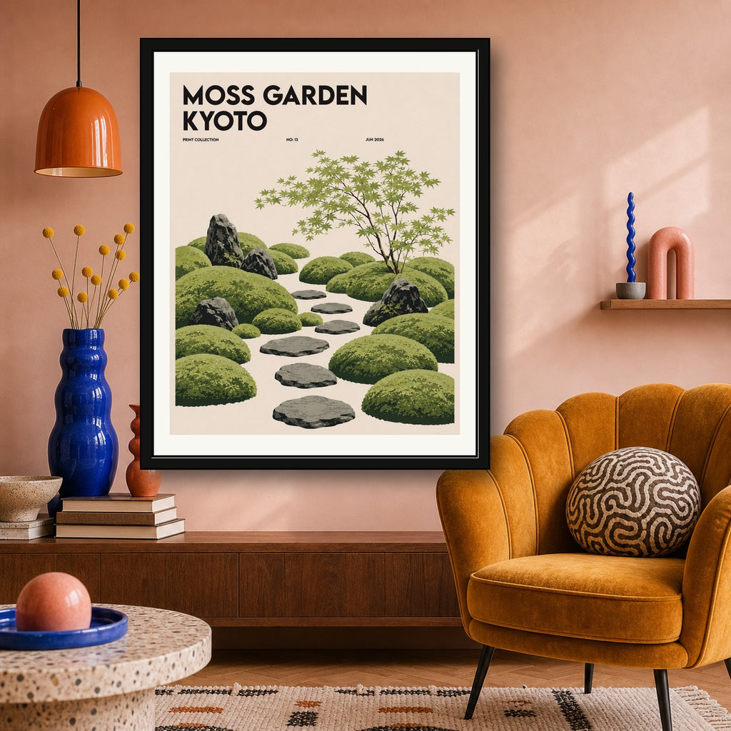Kyoto Moss Garden Poster, Japanese Zen Wall Art, Serene Travel Print for Tranquil Decor - corrected 4x5 room mockup