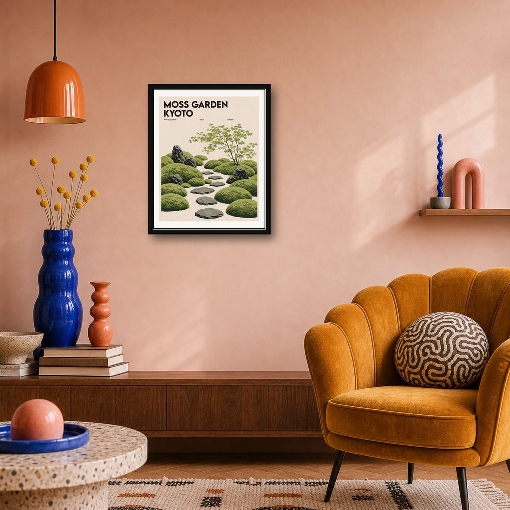 Kyoto Moss Garden Poster, Japanese Zen Wall Art, Serene Travel Print for Tranquil Decor - corrected 4x5 room mockup