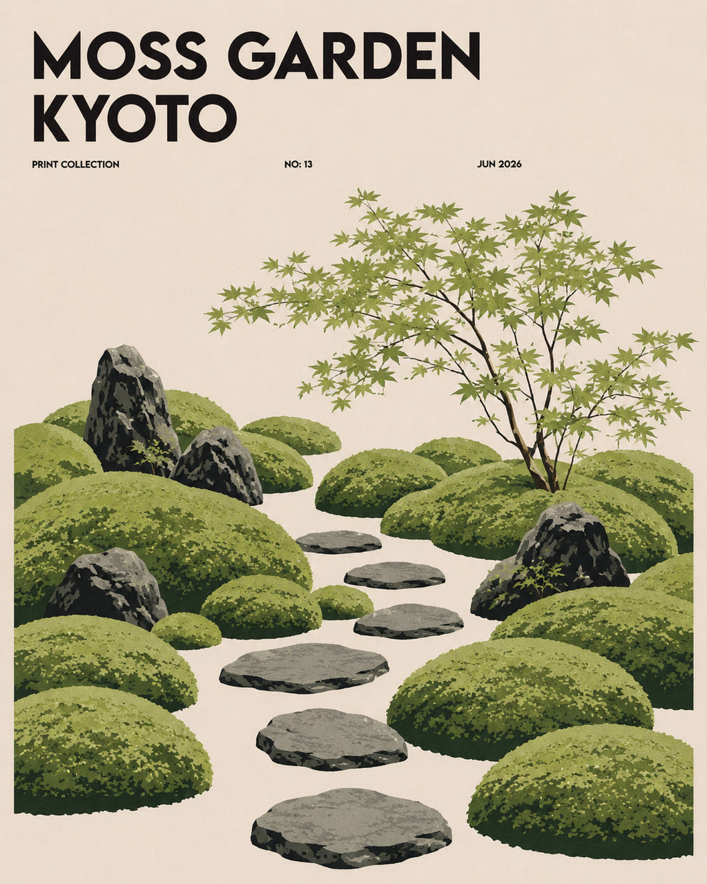 Kyoto Moss Garden Poster, Japanese Zen Wall Art, Serene Travel Print for Tranquil Decor - corrected 4x5 flat artwork