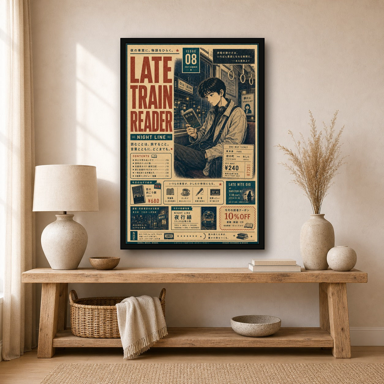 Late Train Reader Japanese Retro Poster Print - 2x3 room mockup