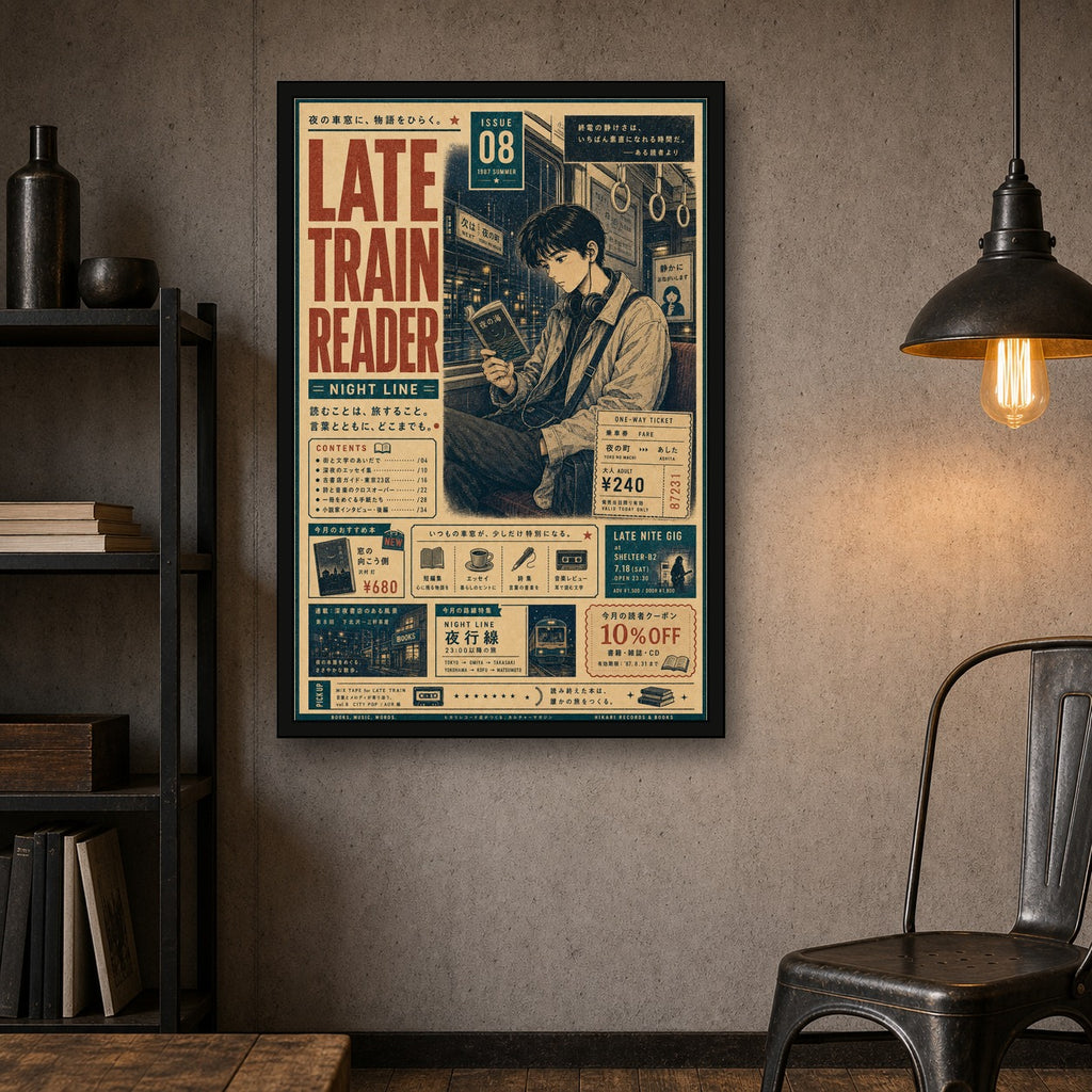 Late Train Reader Japanese Retro Poster Print - 2x3 room mockup
