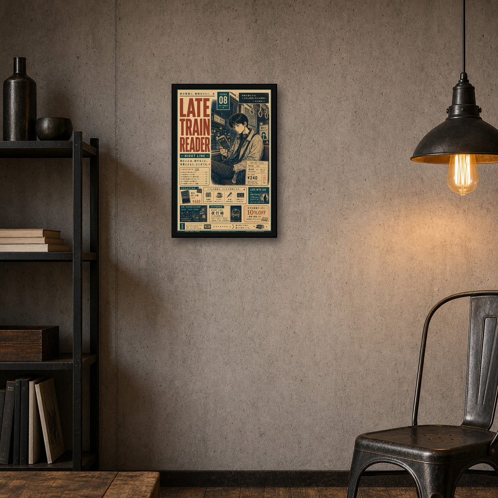 Late Train Reader Japanese Retro Poster Print - 2x3 room mockup