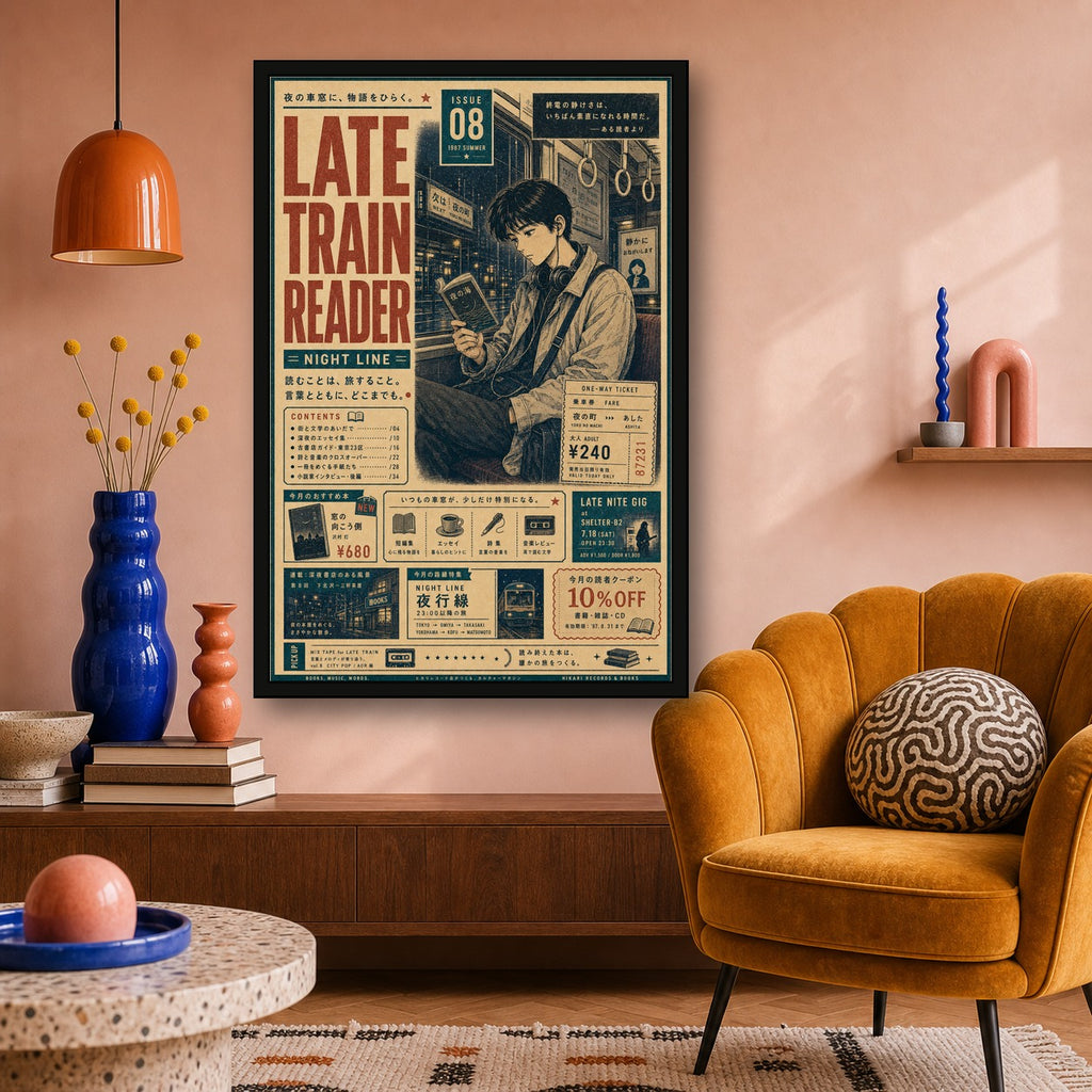 Late Train Reader Japanese Retro Poster Print - 2x3 room mockup