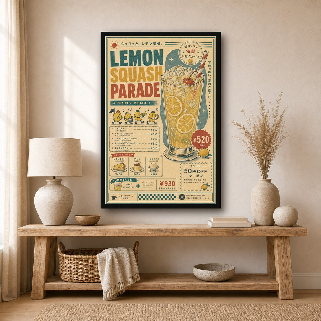 Lemon Squash Parade Japanese Retro Poster Print - 2x3 room mockup