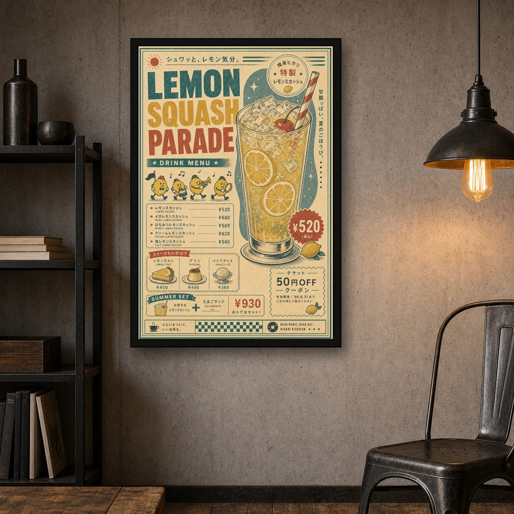 Lemon Squash Parade Japanese Retro Poster Print - 2x3 room mockup