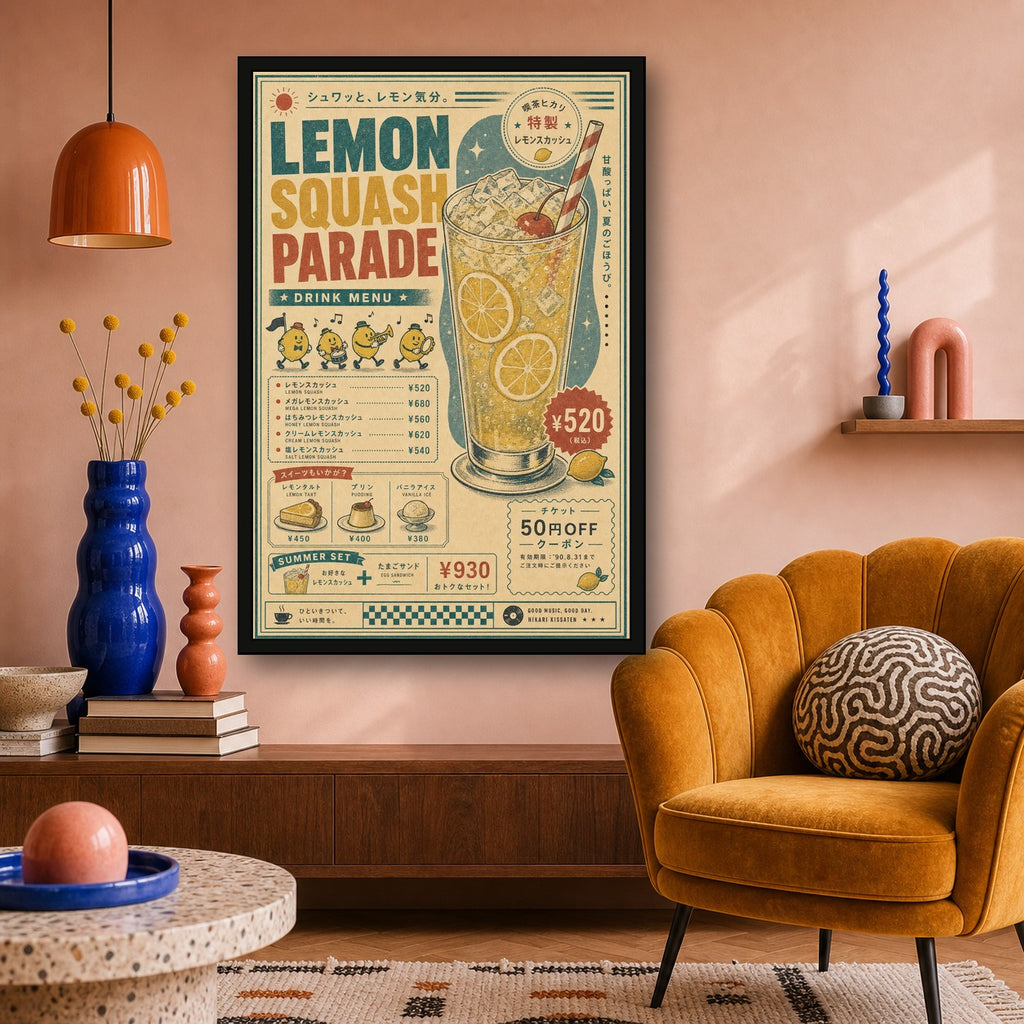 Lemon Squash Parade Japanese Retro Poster Print - 2x3 room mockup