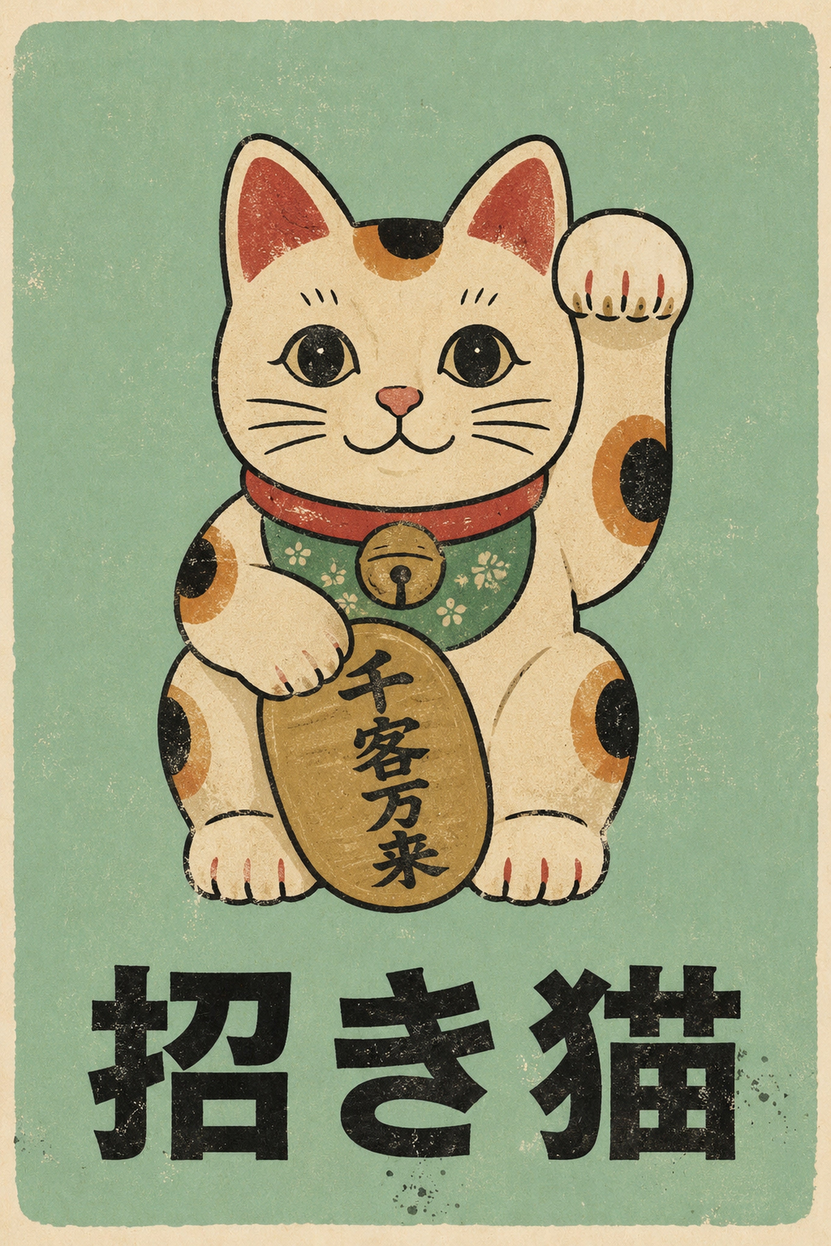 Lucky Cat Maneki-Neko Poster, Vintage Japanese Charm Wall Art, Good Fortune Print in Your Choice of Six Sizes