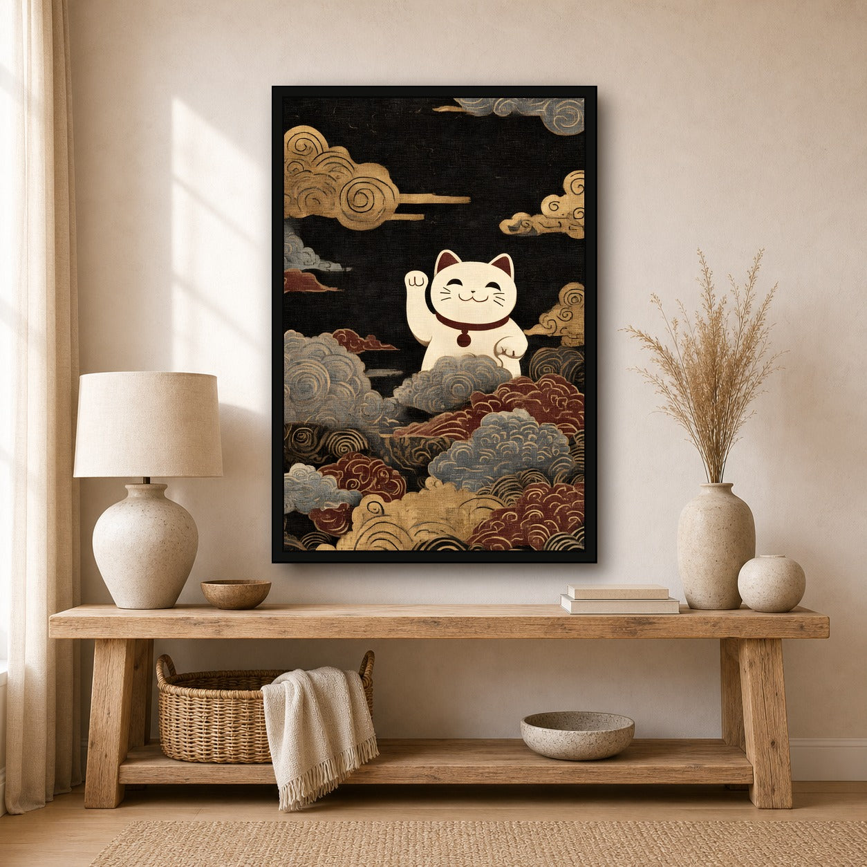 Lucky Cat Wave Poster, Maneki Neko Japanese Wall Art Print - 2x3 room mockup