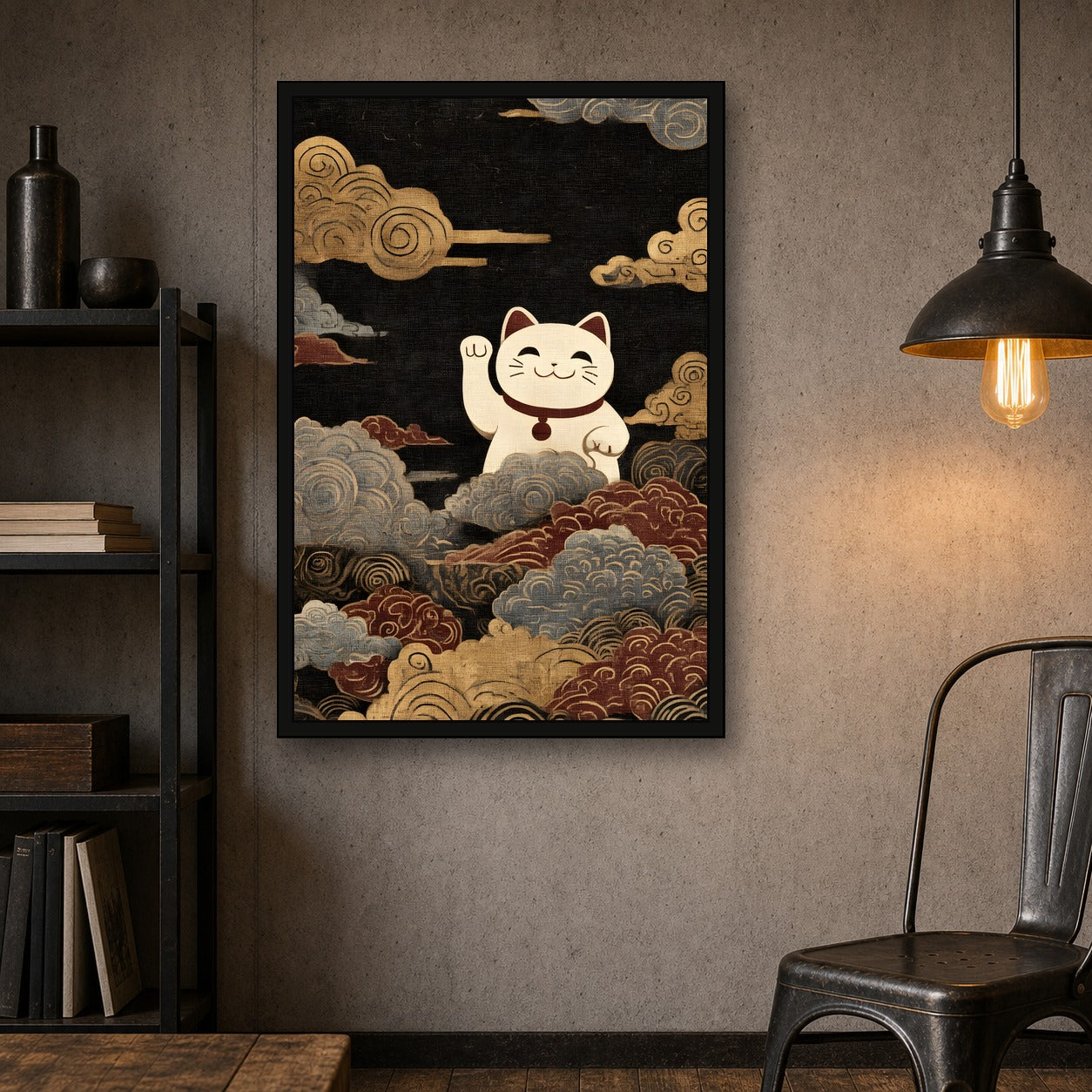 Lucky Cat Wave Poster, Maneki Neko Japanese Wall Art Print - 2x3 room mockup