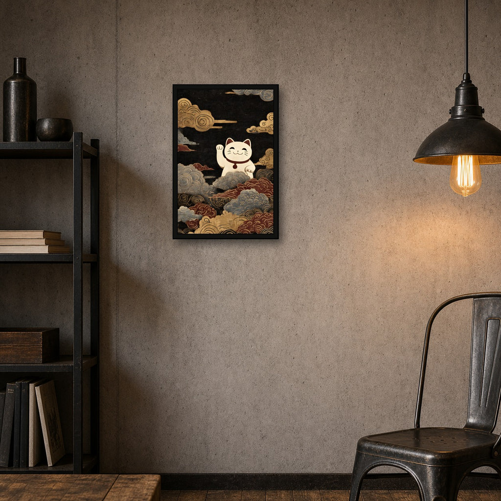 Lucky Cat Wave Poster, Maneki Neko Japanese Wall Art Print - 2x3 room mockup