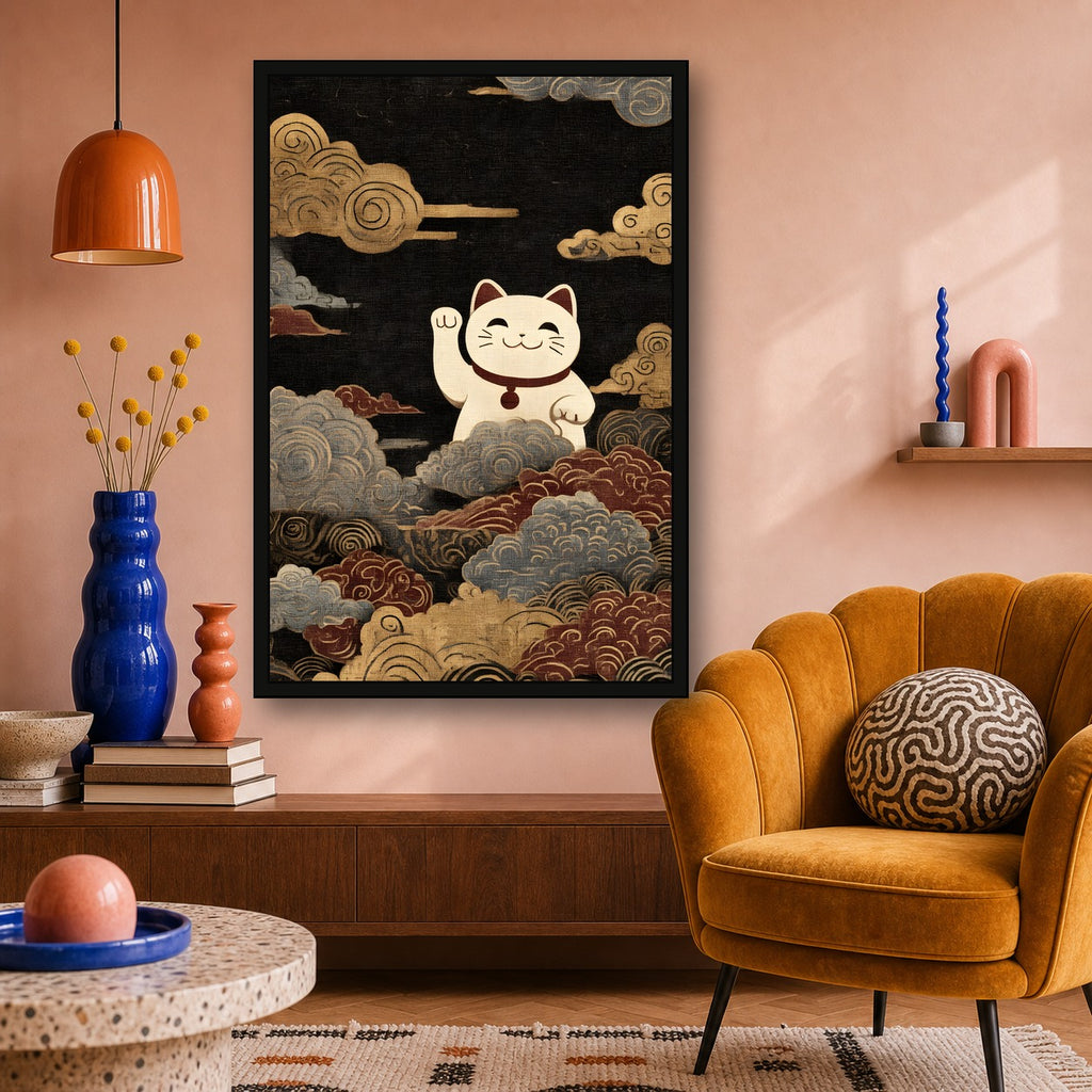 Lucky Cat Wave Poster, Maneki Neko Japanese Wall Art Print - 2x3 room mockup