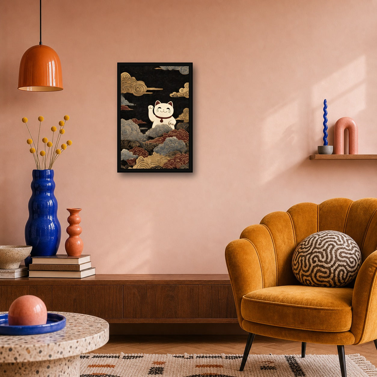 Lucky Cat Wave Poster, Maneki Neko Japanese Wall Art Print - 2x3 room mockup