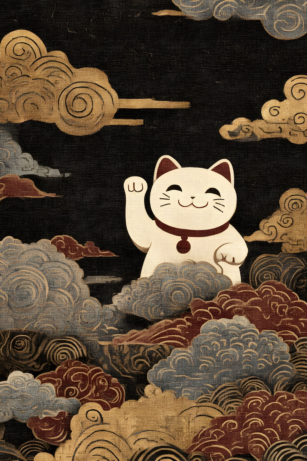 Lucky Cat Wave Poster, Maneki Neko Japanese Wall Art Print