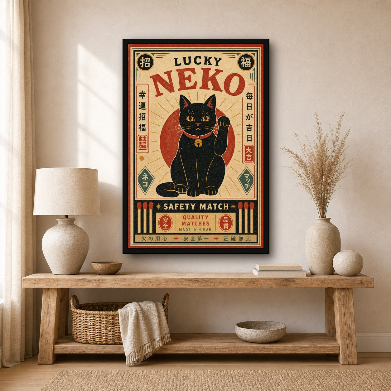 Lucky Neko Safety Match Japanese Retro Poster Print - 2x3 room mockup