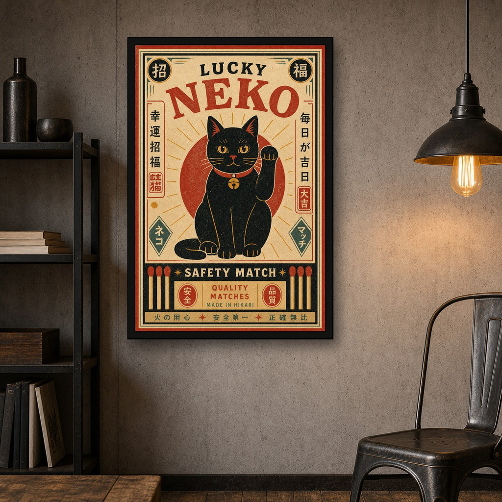 Lucky Neko Safety Match Japanese Retro Poster Print - 2x3 room mockup