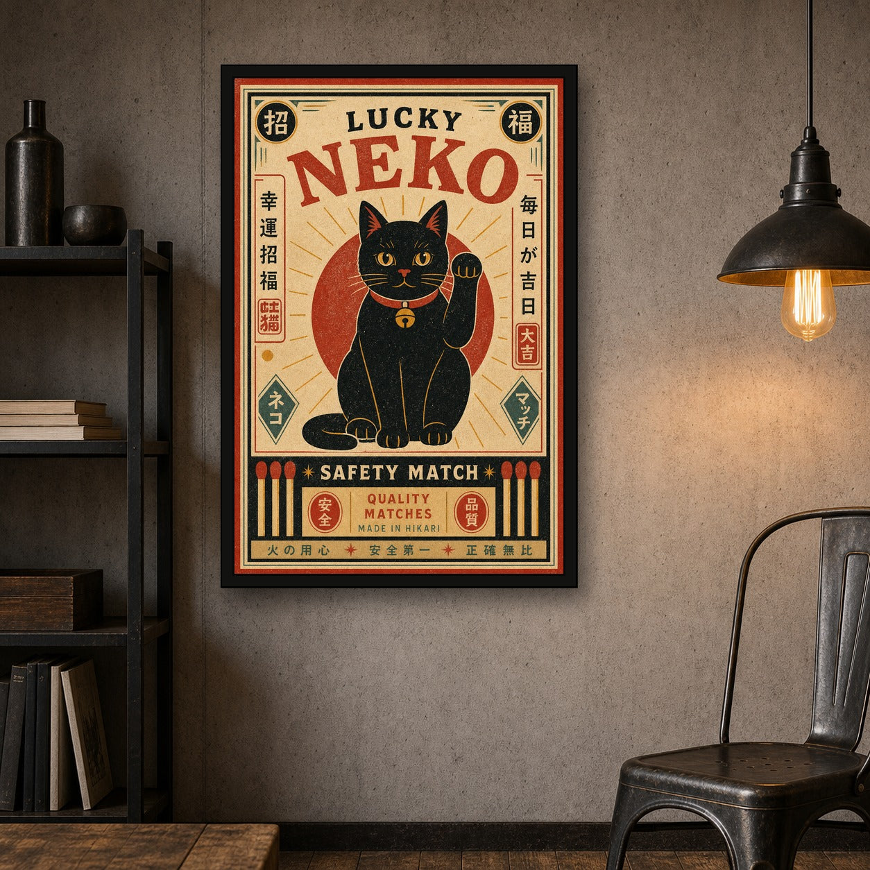 Lucky Neko Safety Match Japanese Retro Poster Print - 2x3 room mockup