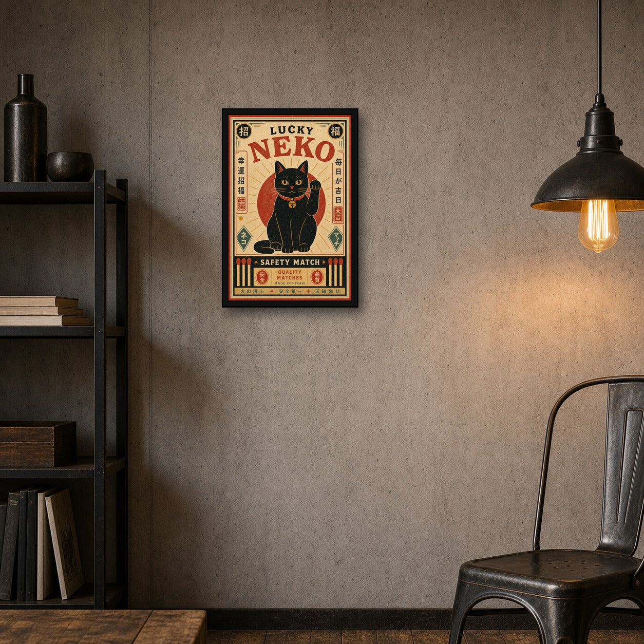 Lucky Neko Safety Match Japanese Retro Poster Print - 2x3 room mockup