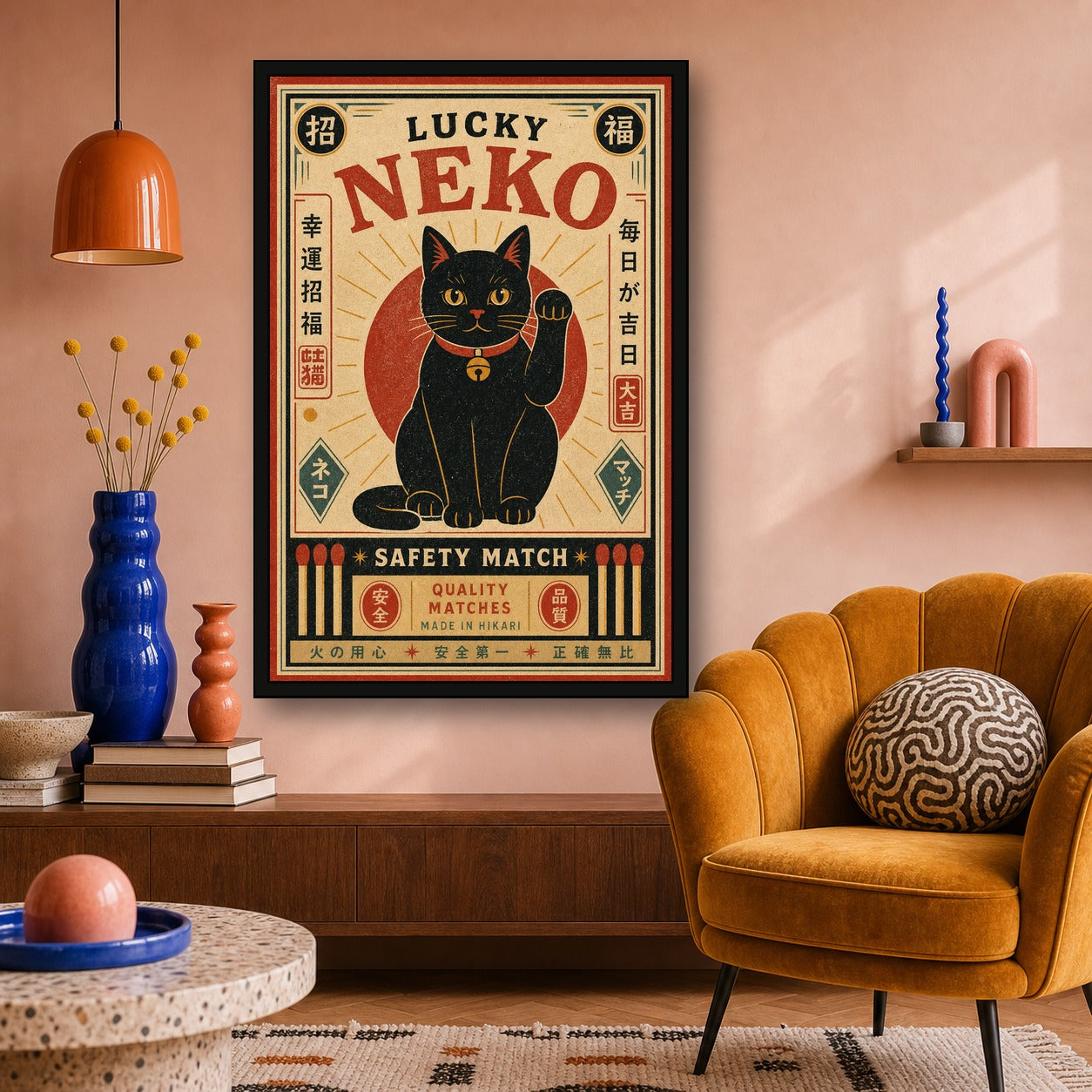 Lucky Neko Safety Match Japanese Retro Poster Print - 2x3 room mockup