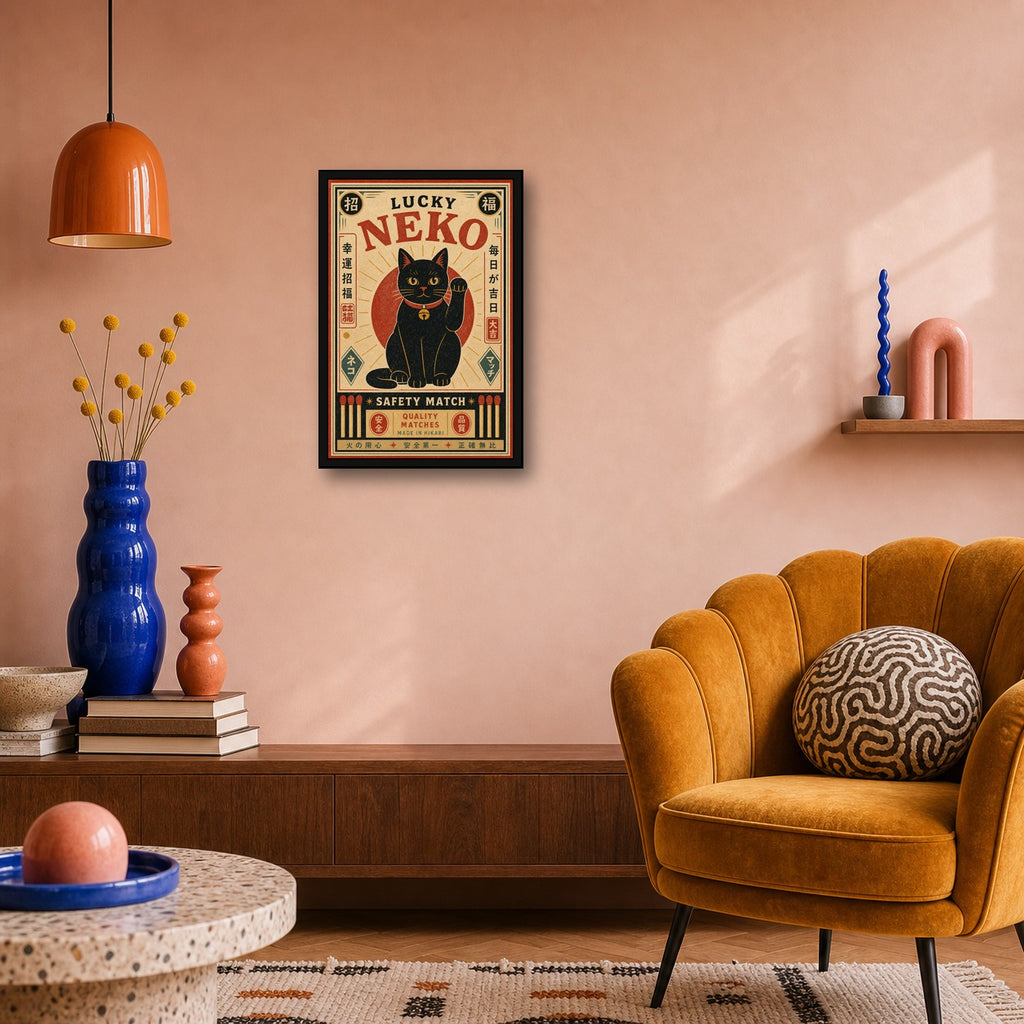 Lucky Neko Safety Match Japanese Retro Poster Print - 2x3 room mockup