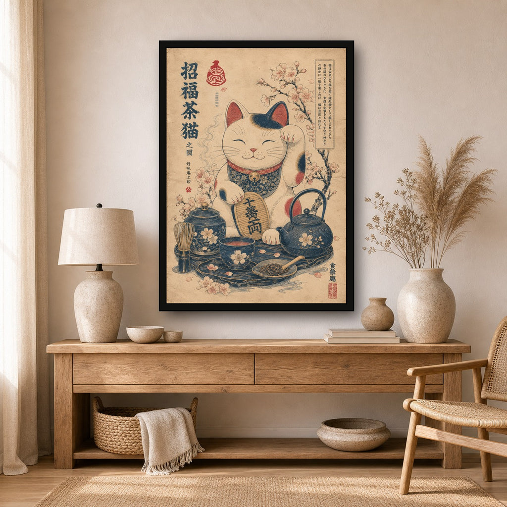 Lucky Tea Cat Japanese Retro Poster Print - A room mockup