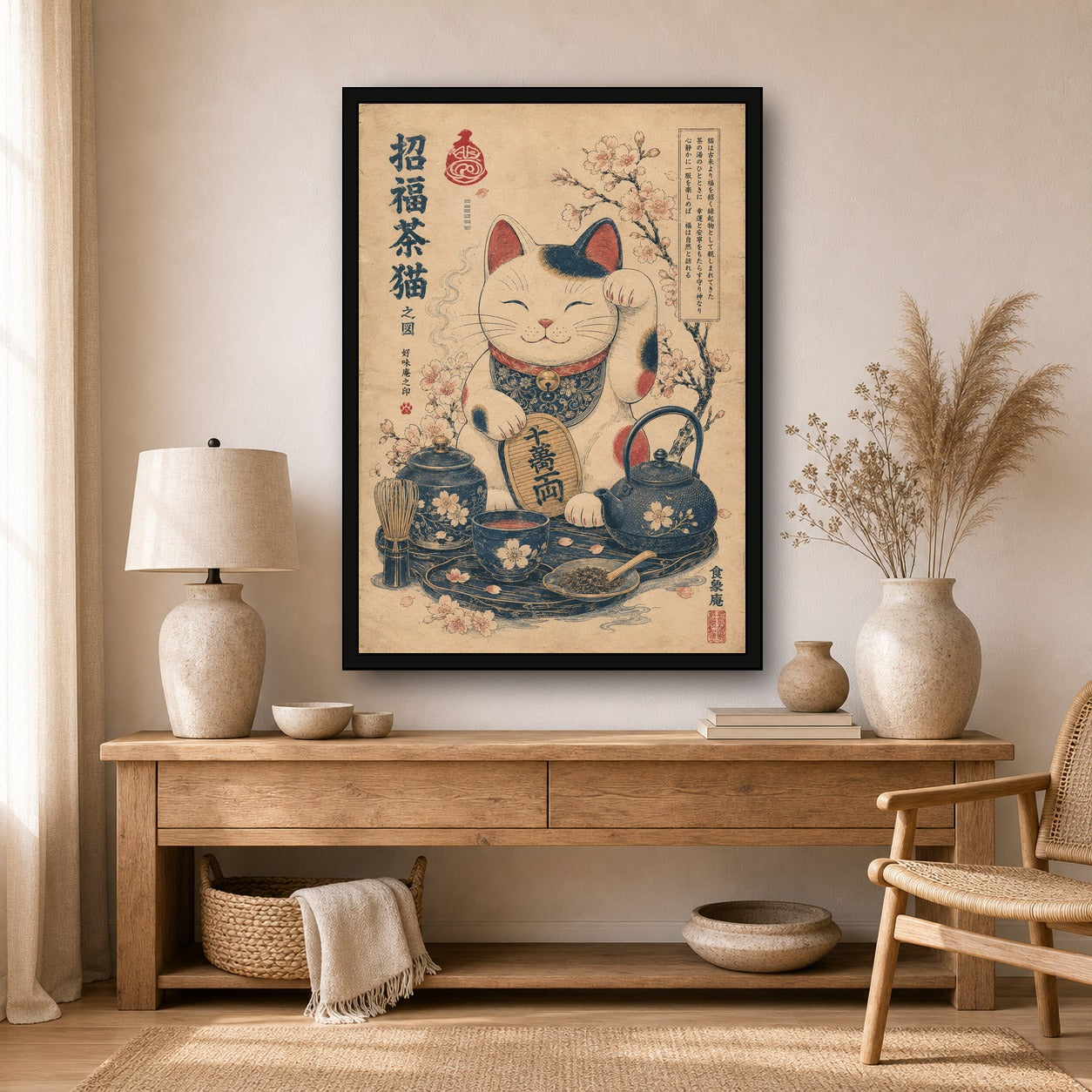 Lucky Tea Cat Japanese Retro Poster Print - A room mockup