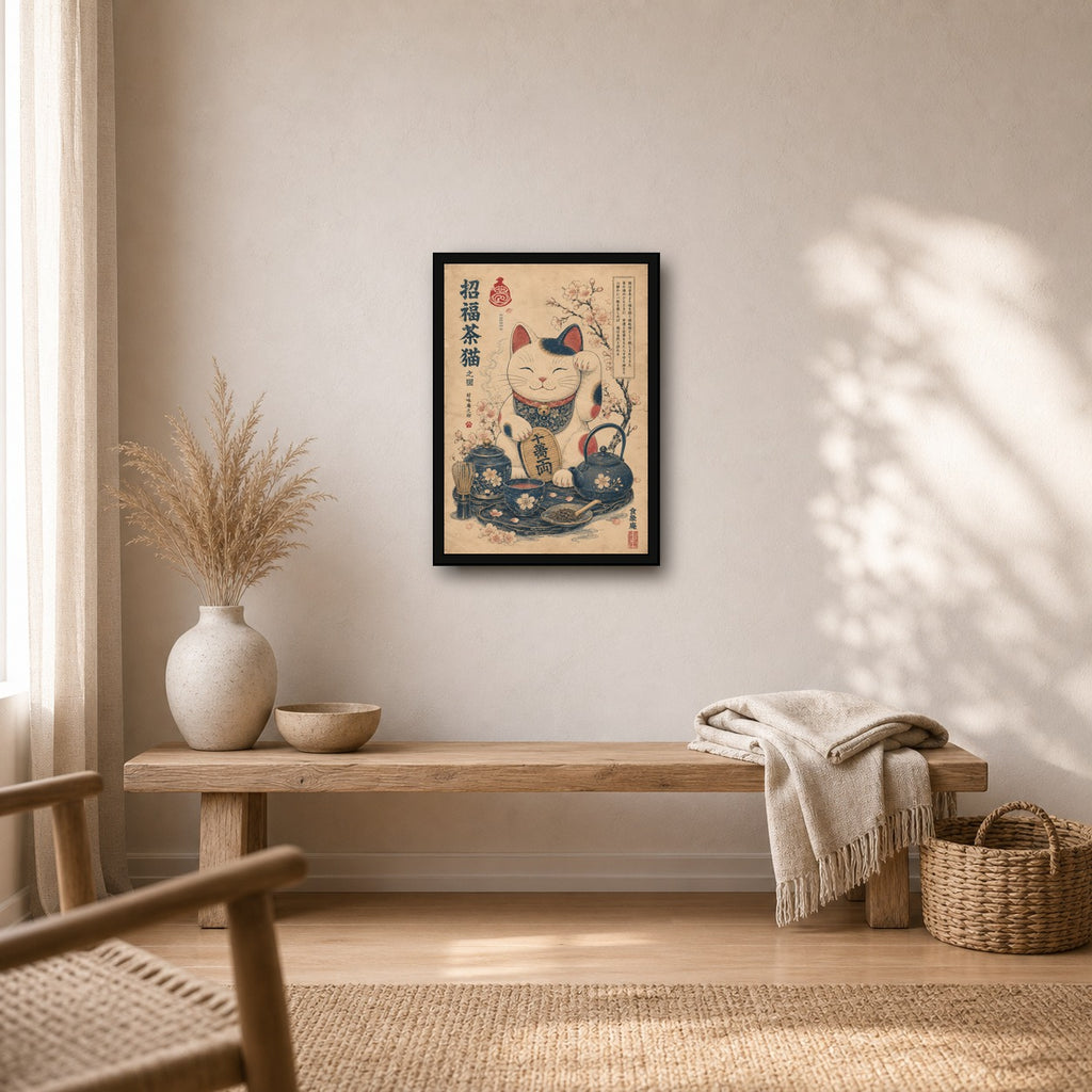 Lucky Tea Cat Japanese Retro Poster Print - A room mockup