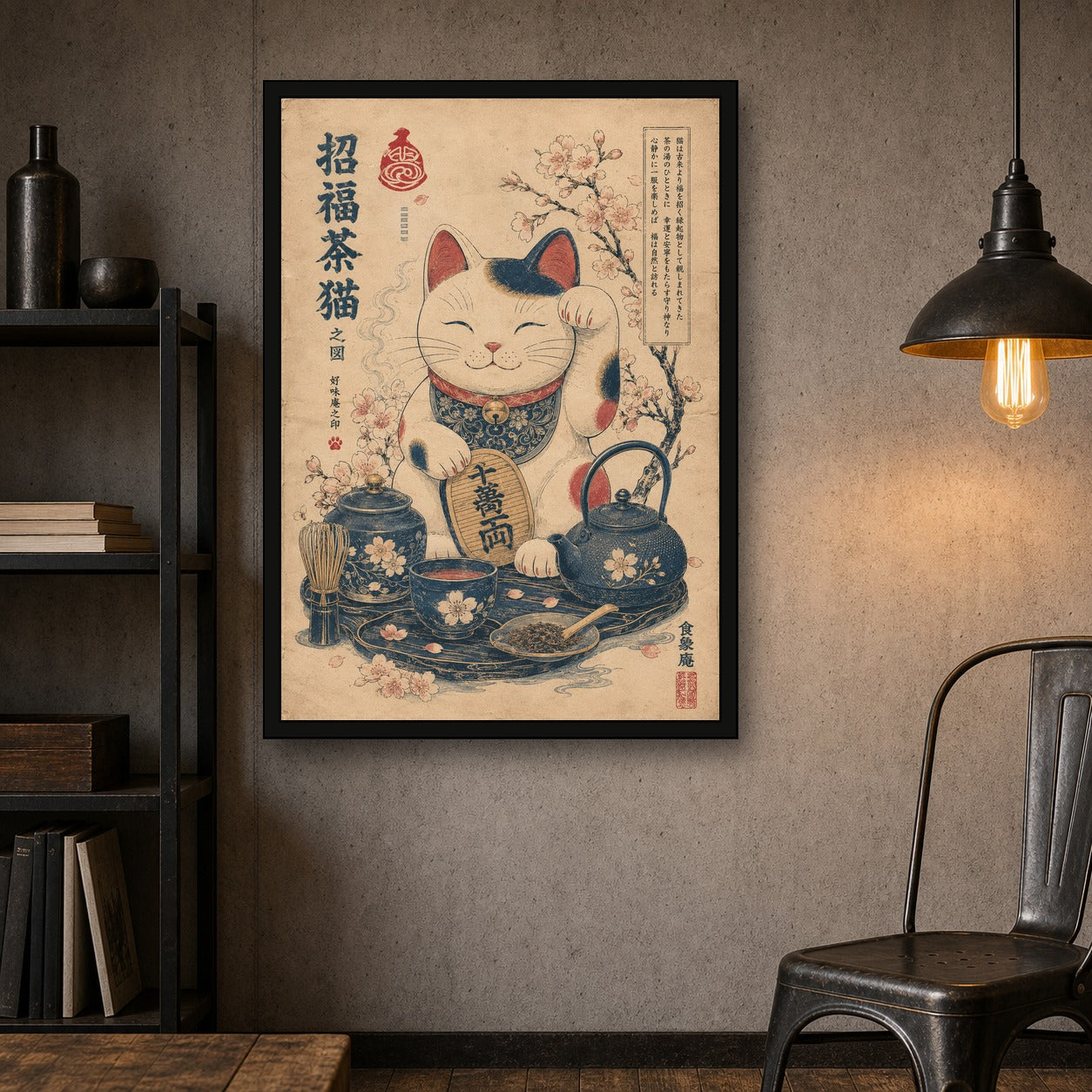 Lucky Tea Cat Japanese Retro Poster Print - A room mockup