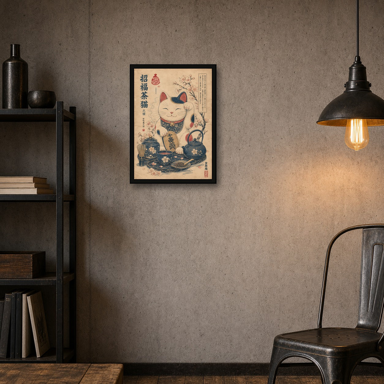 Lucky Tea Cat Japanese Retro Poster Print - A room mockup
