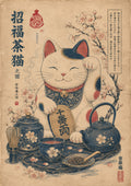 Lucky Tea Cat Japanese Retro Poster Print