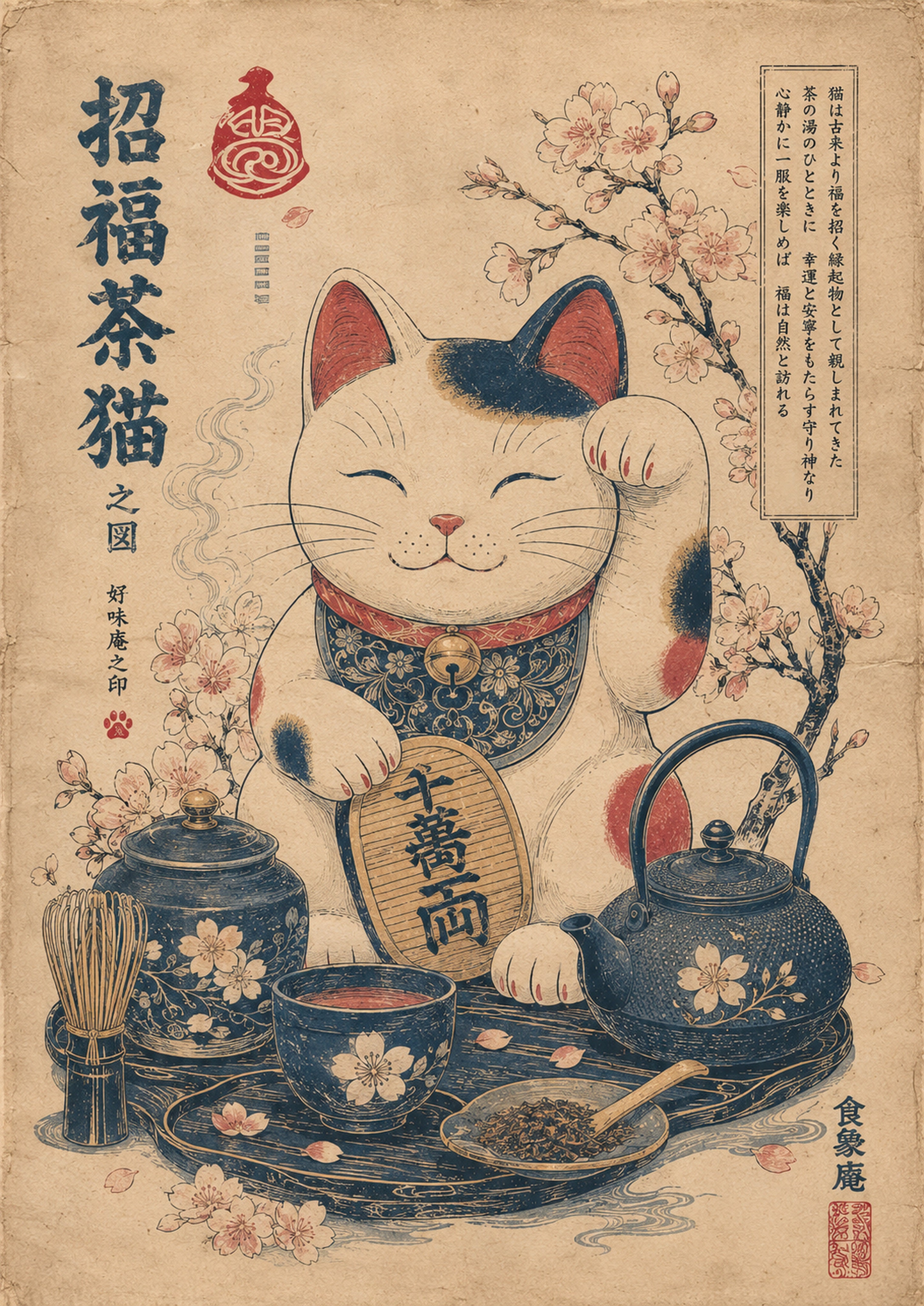 Lucky Tea Cat Japanese Retro Poster Print