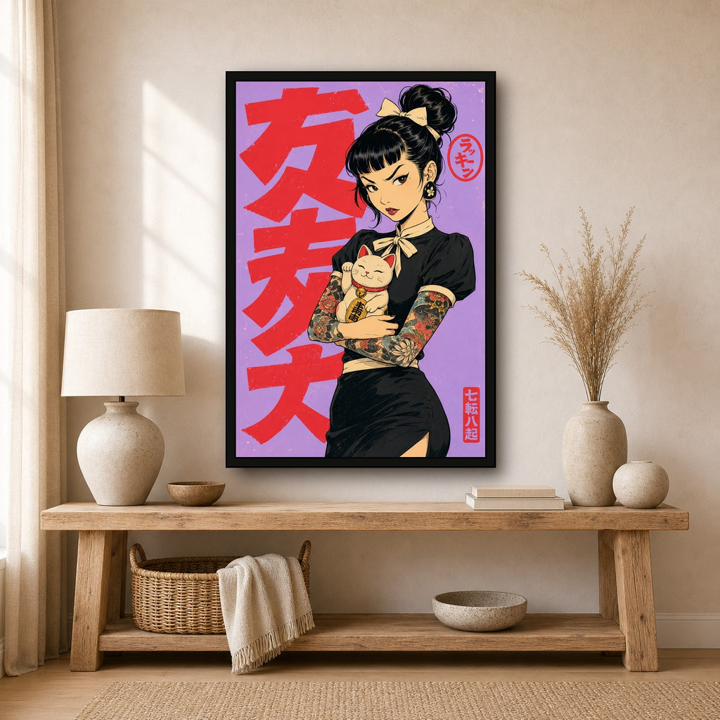 Maneki Neko Tattoo Girl Japanese Retro Poster Print - 2x3 room mockup