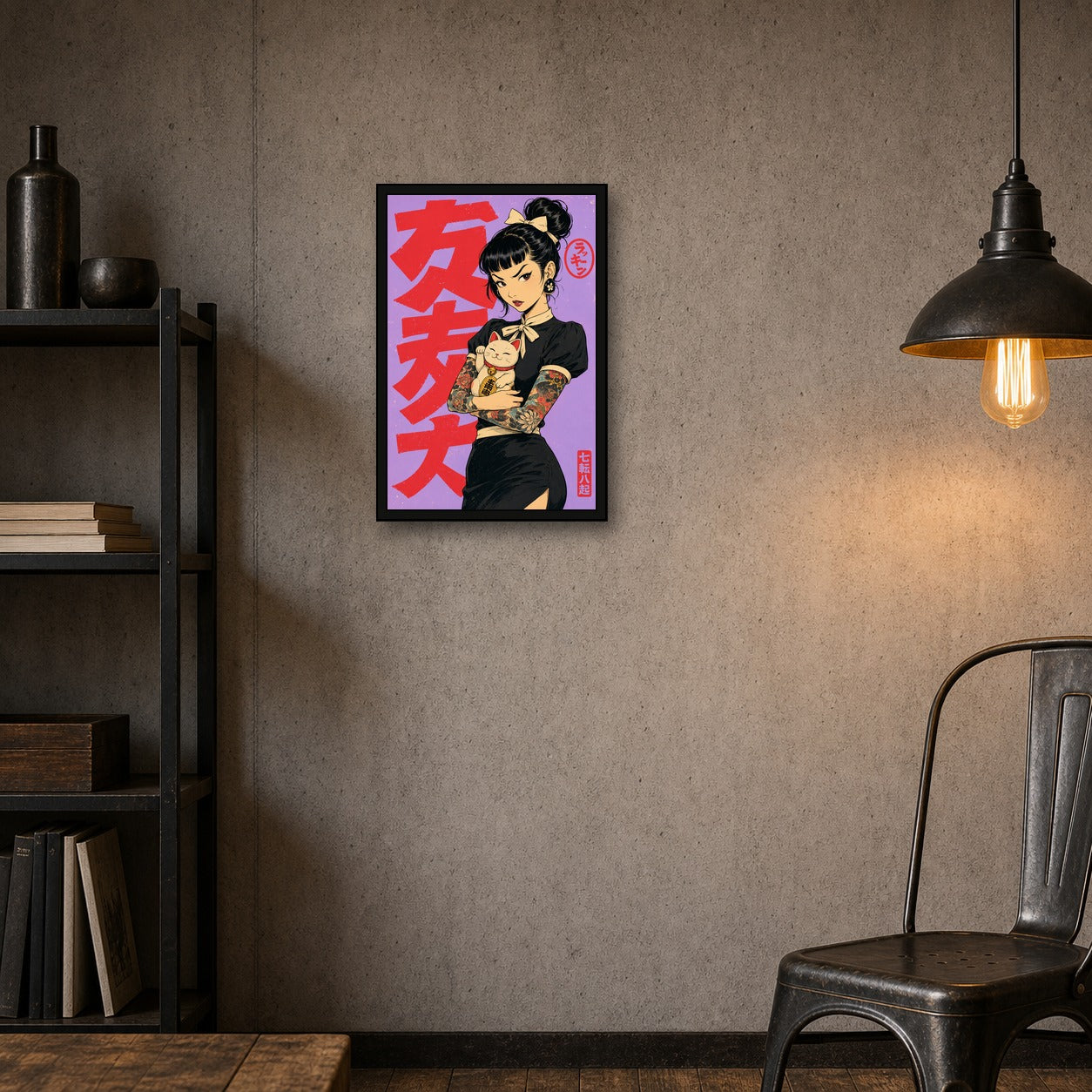 Maneki Neko Tattoo Girl Japanese Retro Poster Print - 2x3 room mockup