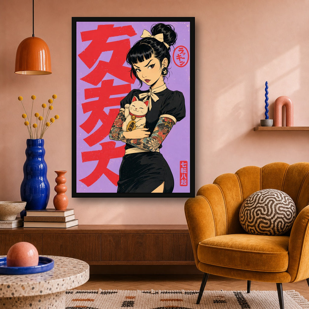 Maneki Neko Tattoo Girl Japanese Retro Poster Print - 2x3 room mockup