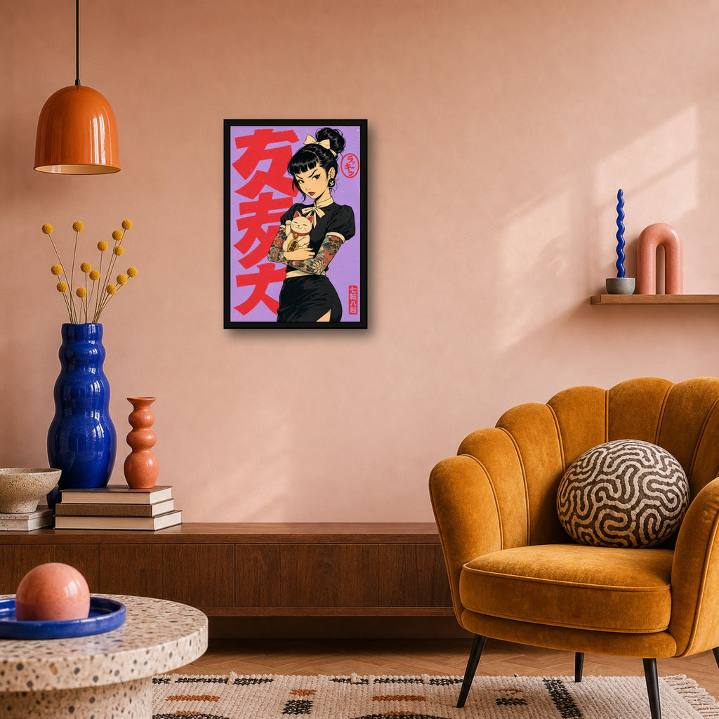 Maneki Neko Tattoo Girl Japanese Retro Poster Print - 2x3 room mockup