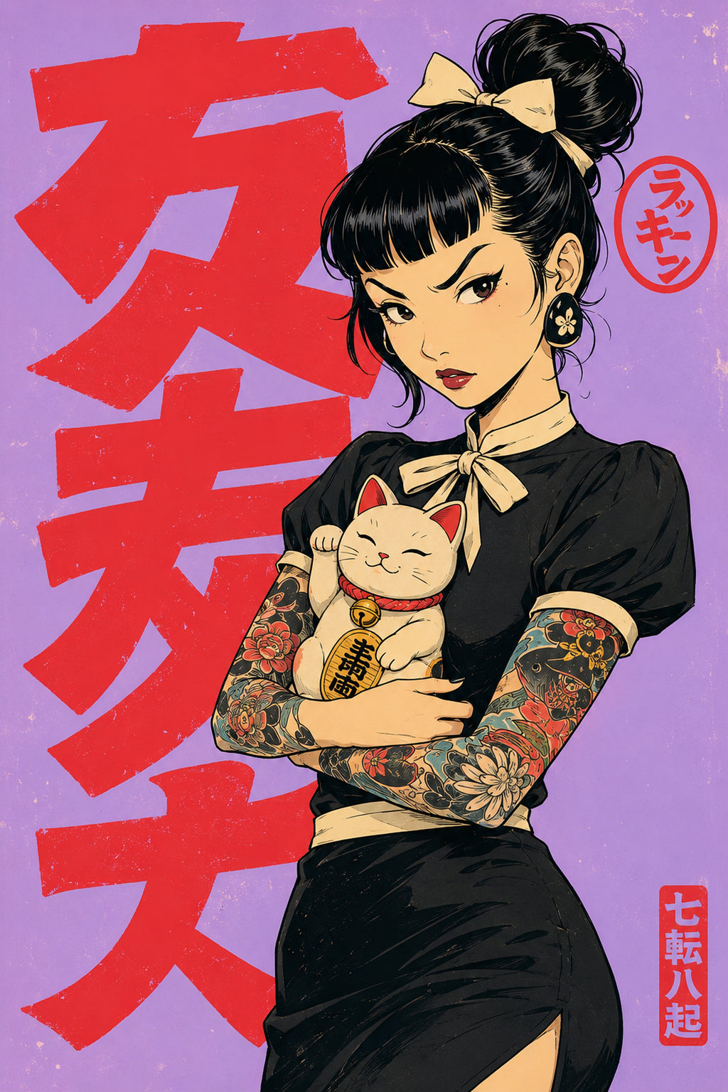 Maneki Neko Tattoo Girl Japanese Retro Poster Print