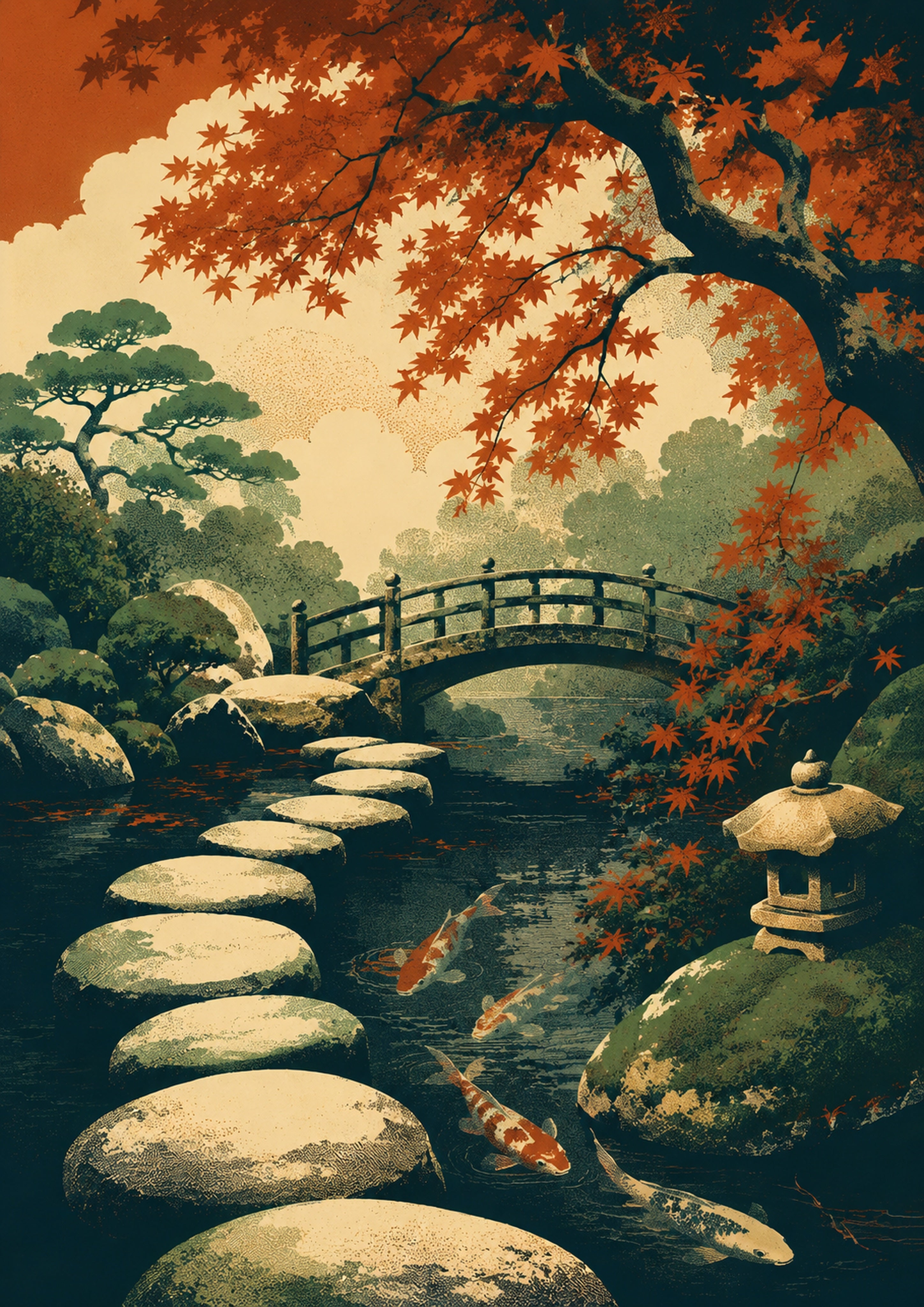 Maple Zen Garden Japanese Retro Poster Print